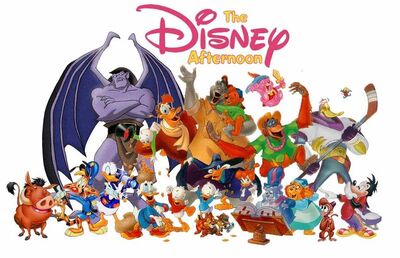 Characters from the seven years of The Disney Afternon, representing all shows except The Shnookums & Meat Funny Cartoon Show