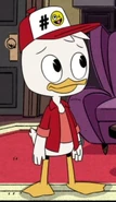 Huey wearing a dark red open collared shirt over a lighter colored red shirt and a red/white hat with a hashtag and emoji in "Quack Pack!"