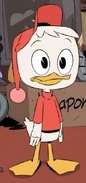 Huey in his pajamas of red night cap and night shirt in "Storkules in Duckburg!", "A Nightmare on Killmotor Hill!", and "How Santa Stole Christmas!"