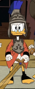 Scrooge in chestplate armor and helmet in "The Split Sword of Swanstantine!"