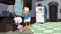Donald having shaved his head and noticing Webby looking for a meat tenderizer