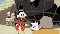Donald and the others watching Webby embrace Scrooge as her father and Beakley as her granny