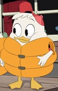 Huey in an orange life vest in "Woo-oo!" and "The Shadow War!"