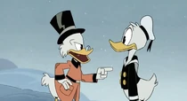 Scrooge showing his anger towards Donald's arrival from him supposed relaxing trip, not knowing where he's truly been