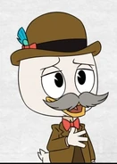 Huey wearing brown suit and hat with a fake grey mustache in "The Split Sword of Swanstantine!"