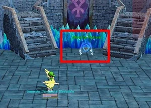 Take the bottom portal to reach the balcony where the NPC is.