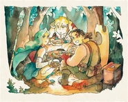 Artwork of Garl, Zale, and Valere eating food at a campfire.
