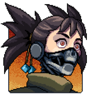 Talk portrait of cyborg Seraï with a surprised expression.