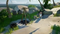 A Coral Inu dog sitting next to a campfire, waiting for his owner to return.
