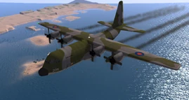 Lockheed C-130 Hercules with RAF livery in flight.