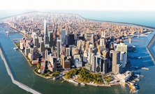 Manhattan Island locked by sea walls. 2050.