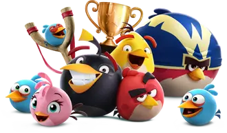 The main characters of the Angry Birds video game series, who are merchandised.