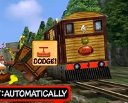 Steam tram resembling Toby from Thomas & Friends in the Roy's Hometown level