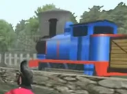 A blue tank engine resembling Thomas from Thomas & Friends