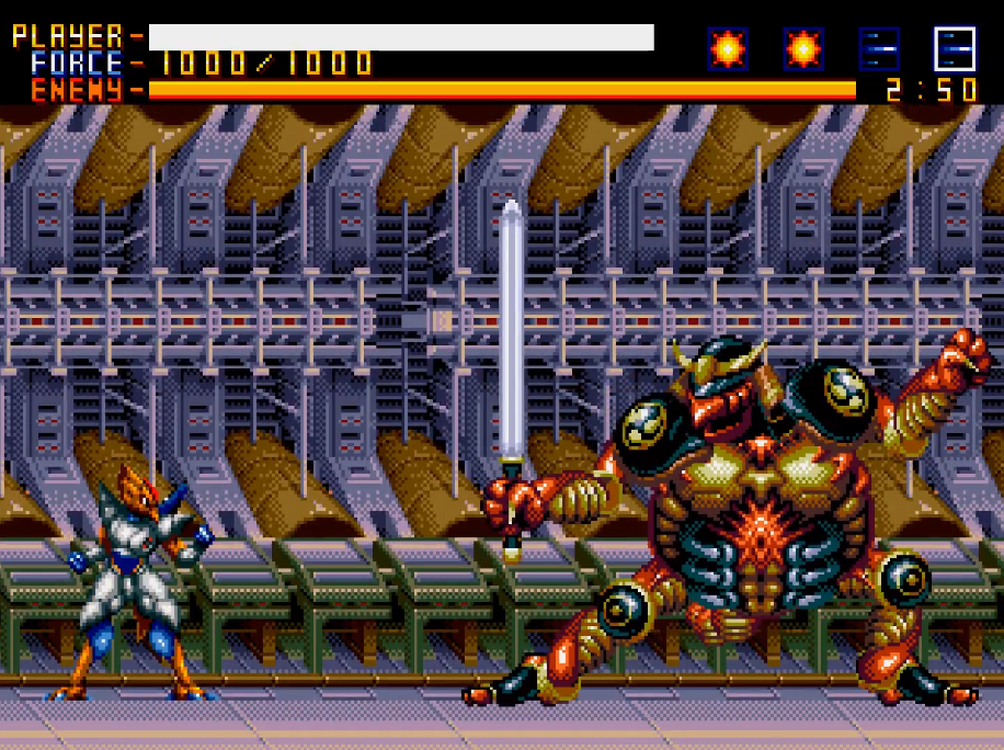Screenshot of the Treasure game Alien Soldier for the Genesis.