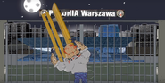 Spejson tłucze wyrwaną ławką w bramę stadionu Polonii.