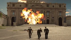 Sam blows up the Vatican Library to retrieve the book.