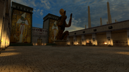 A statue of Thoth facing opposite the obelisk room.