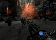 Early version of the minigun being used against Kleers. In this screenshot, the cut LCD screen can be seen.