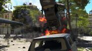 One of the SUV's explodes after being hit by a bomb dropped by Octanian raiders.
