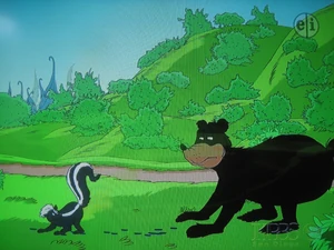 Buster Black Bear being warned by Whiffy the skunk.