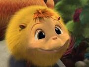 Katie, a yellow yak with a small tuft of orange hair, smiling up at the camera. She has a dazed, crazy, yet innocent look in her eye.