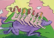 The Godiva sisters gleefully riding on a horse.