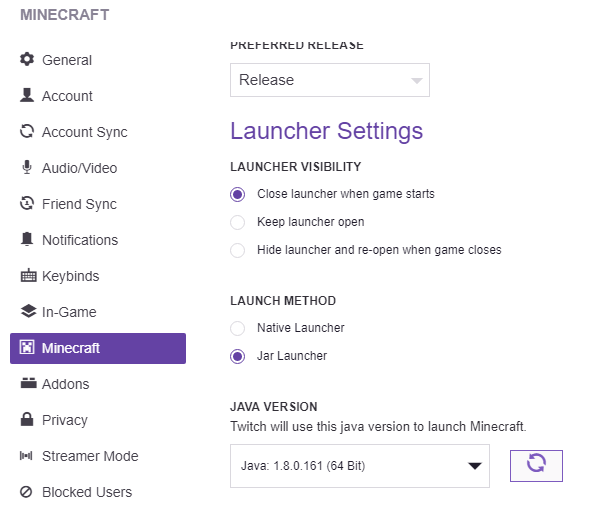 twitch minecraft native launcher vs jar launcher