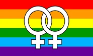 Interlocked double venus over a rainbow pride flag, representing lesbians