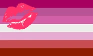 The lipstick lesbian flag by Natalie McCray, largely rejected due to being femme-exclusive and made by a racist, but may be reclaimed and is often used in older lesbian pride works (without the kiss)