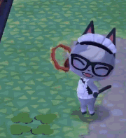 Raymond dancing in a maid dress in Animal Crossing: Pocket Camp