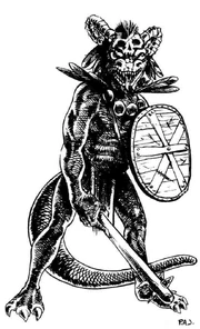 Szaman jaszczuroludzi - G'ruk Łapacz Ryb - na głowie ma rytualną maskę, ucharakteryzowaną na demona