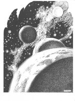 Świat Krynn oraz jego trzy  magiczne księżyce na tle konstelacji 