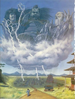 Japońscy bogowie wywołujący burzę. Bijący w bębny  i zsyłający  deszcz starzec .