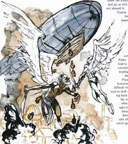 Uskrzydlone istoty zamieszkujące plan Powietrza ze sterowcem w tle