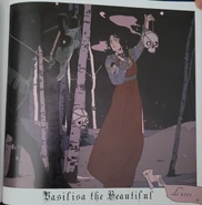 "La joven heroína se acobardó al ver a la feroz Baba Yaga, pero no rehuyó su tarea. Con la ayuda de su diminuto compañero, pudo llevar el fuego a su casa."