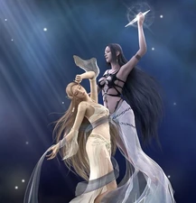 La Dea dell'Oscurità in procinto di colpire la Dea della Luce con un cristallo.