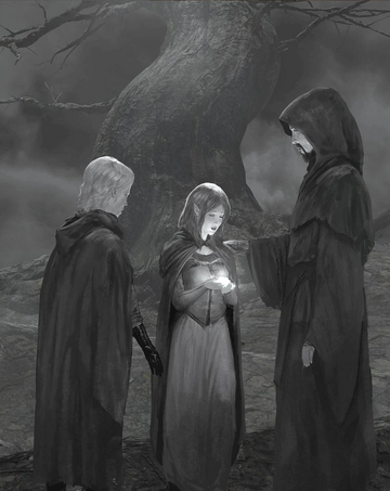 Amberle shows Wil and Allanon the seed she received from the Ellcrys. Illustrated by Marc Simonetti for the Grim Oak Press limited edition printing of The Elfstones of Shannara.