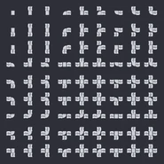 All 81 ways a belt can be connected to 4 adjacent buildings.