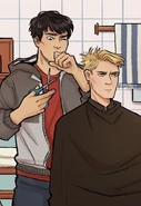 Warner getting a haircut from Kenji Kishimoto