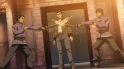 Mingzhen and Linjian blocking Ryo's path in the anime.