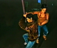 Beta screenshot of an unused scene of Junfeng fighting Ryo using a metal pipe.