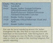 Mai's supposed daily routine as listed in the Shenmue Prima Guide