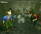 Beta screenshot of an unused scene with Yuan, his thugs, Ryo, Ren and Wong.