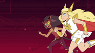 Catra and She-Ra run from spiders inside the Crystal Castle