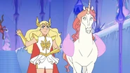 She-Ra tosses the stick and replies, "Sure," agreeing to let Frosta ride Swift Wind