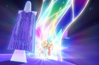 She-Ra absorbing her powers channels for her sword of protection as Light Hope stands by