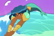 Mermista diving over wave with mermaid tail