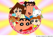 Shin Chan junto a su padre Hiroshi, su Madre Misae, su hermana Himawari y su perro Nevado