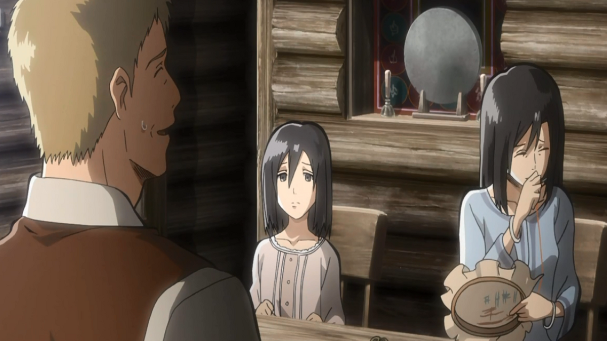 Mikasa mostra o símbolo da família Azumabito - Shingeki no Kyojin 4  Temporada Episódio 10 